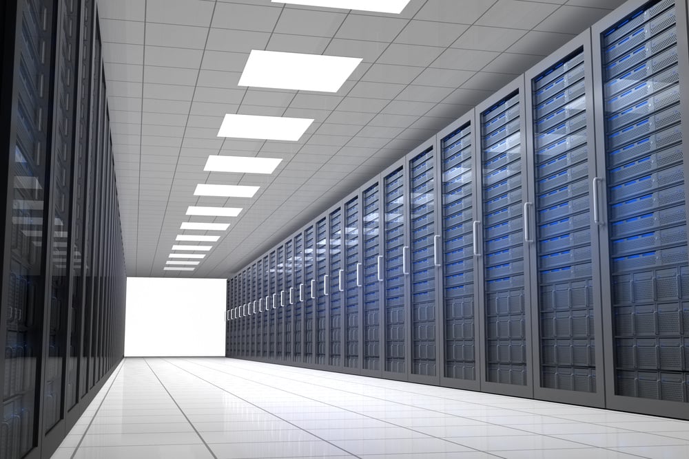 Hallway of tower servers in data centre